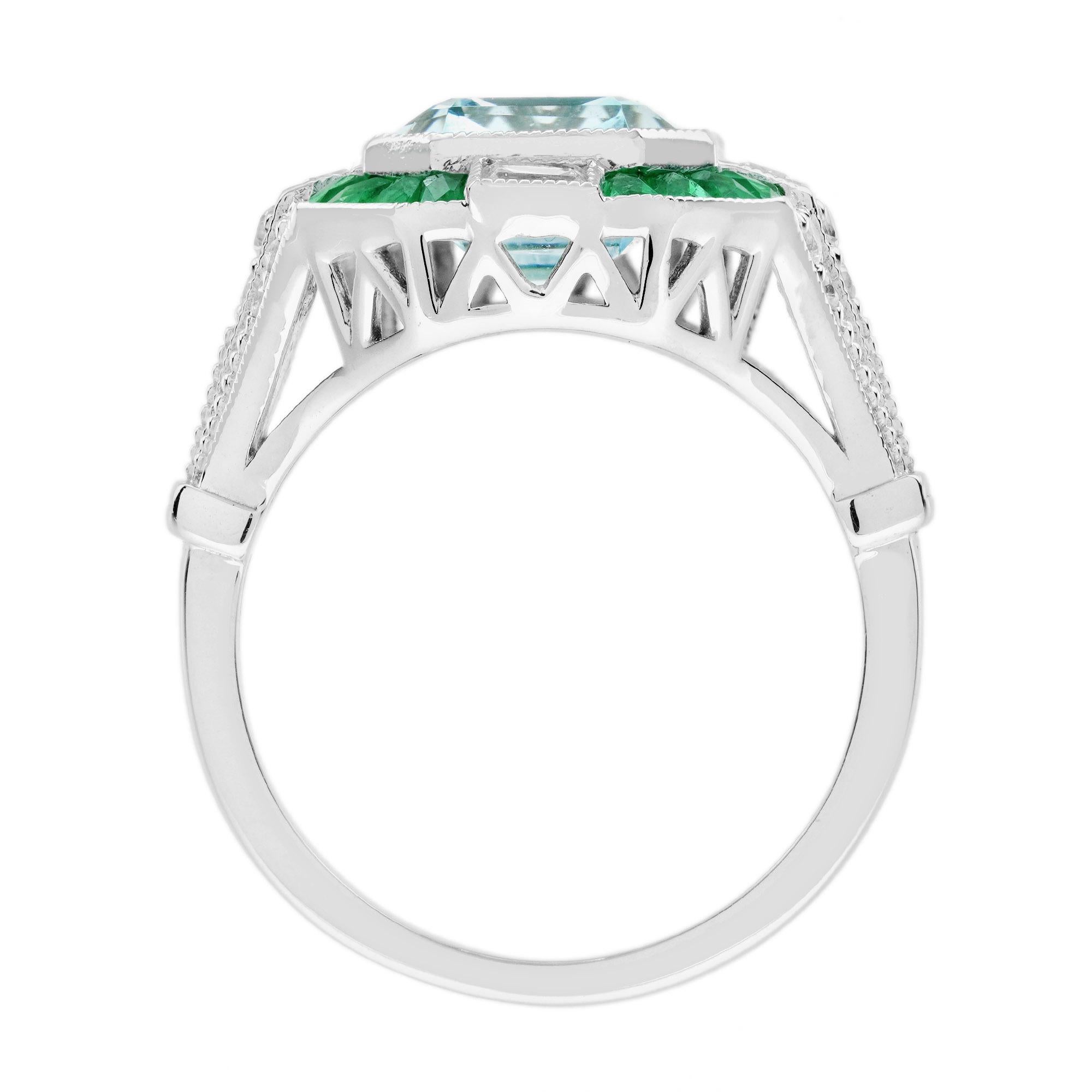 Bague de style Art déco en or blanc 18 carats, aigue-marine, émeraude et diamant en vente 4