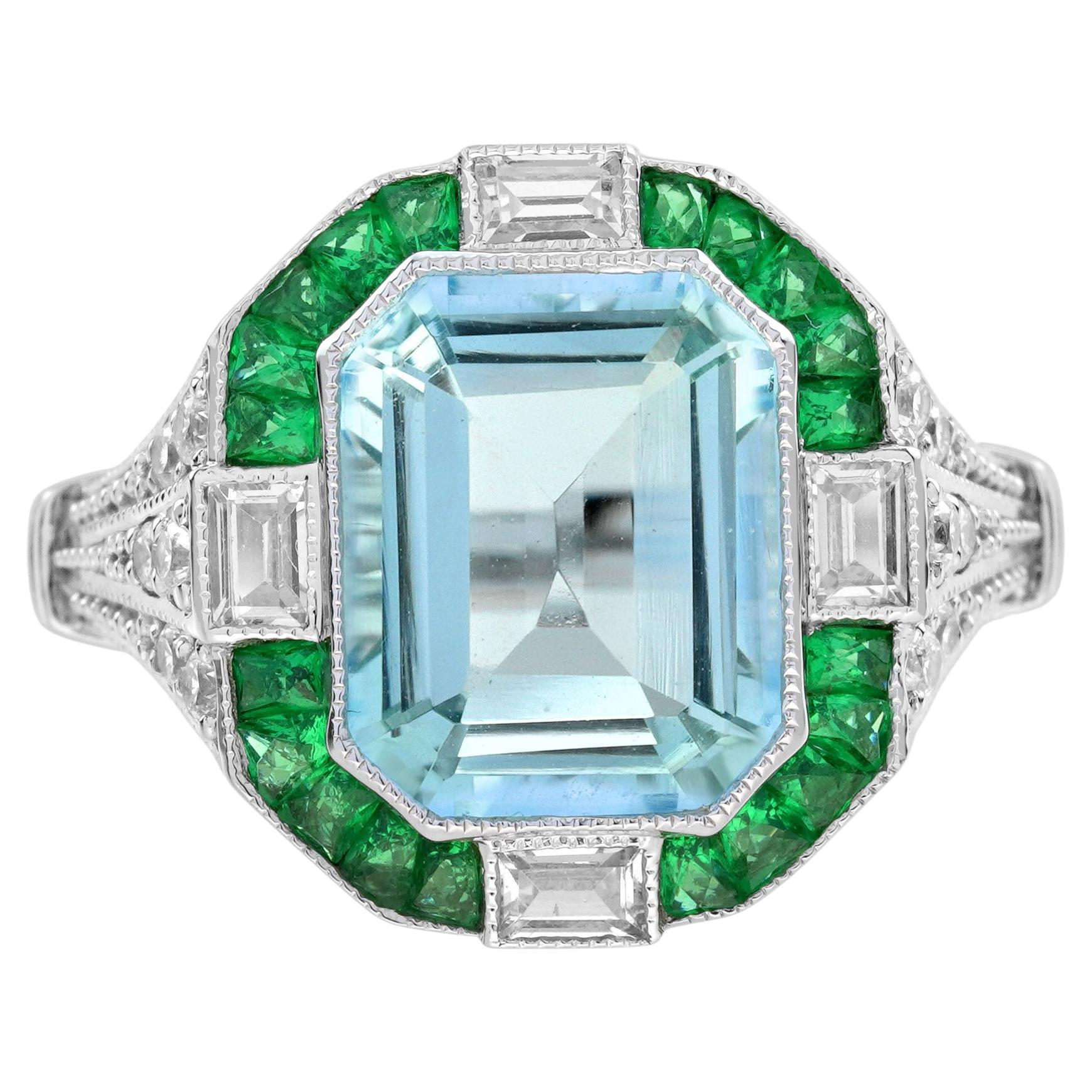 Aquamarine Emerald and Diamond Art Deco Style Ring in 18K White Gold