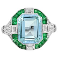 Aquamarine Emerald and Diamond Art Deco Style Ring in 18K White Gold
