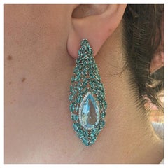 Aquamarine, Emerald and Diamond Peacock Earrings in 18k White Gold