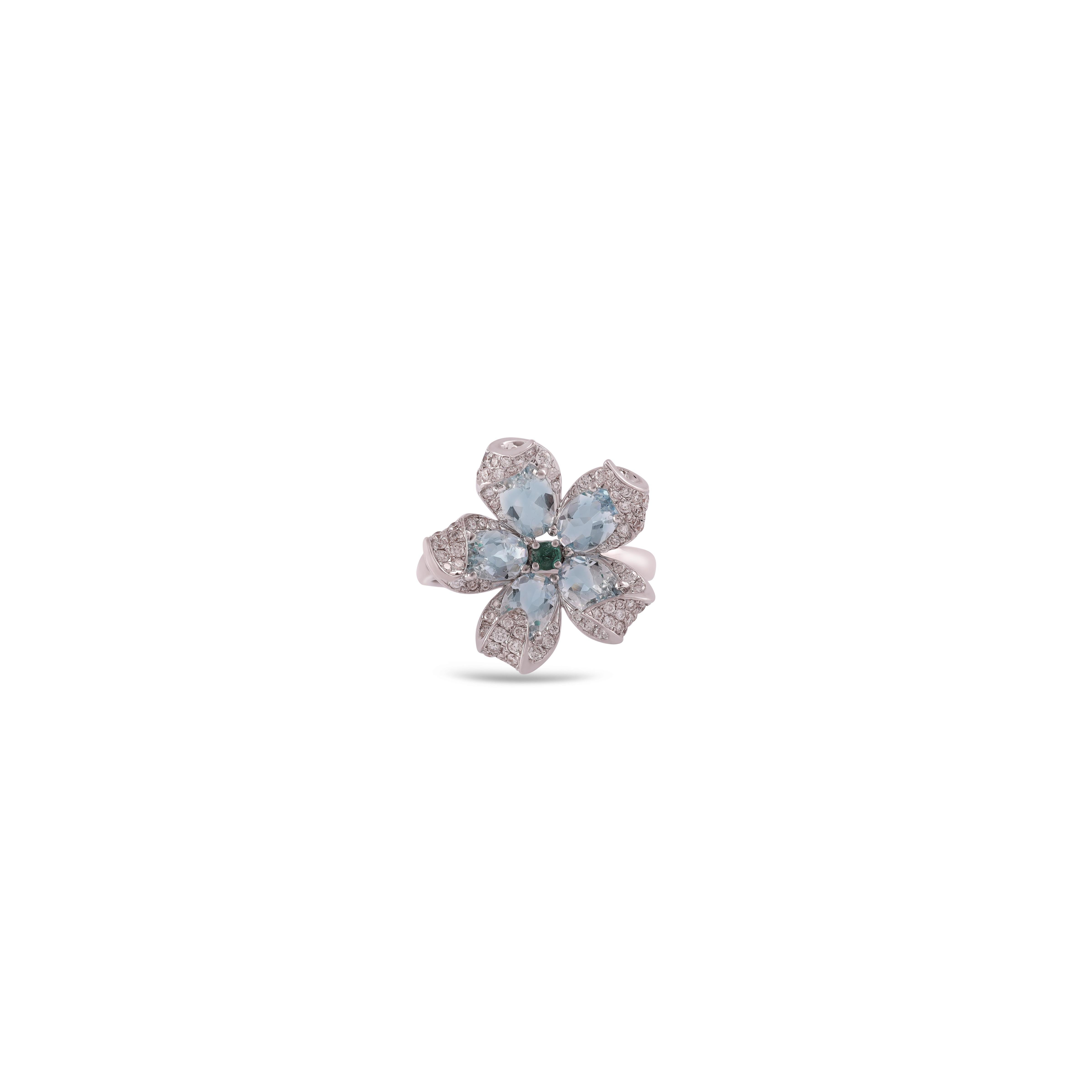 Mixed Cut Aquamarine, Emerald and Diamond Ring in 18 Karat White Gold For Sale