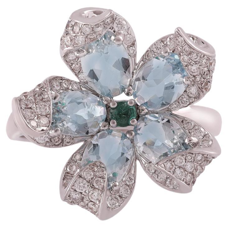 Aquamarine, Emerald and Diamond Ring in 18 Karat White Gold For Sale