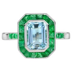 Aquamarine Emerald Art Deco Style Target Engagement Ring in Platinum