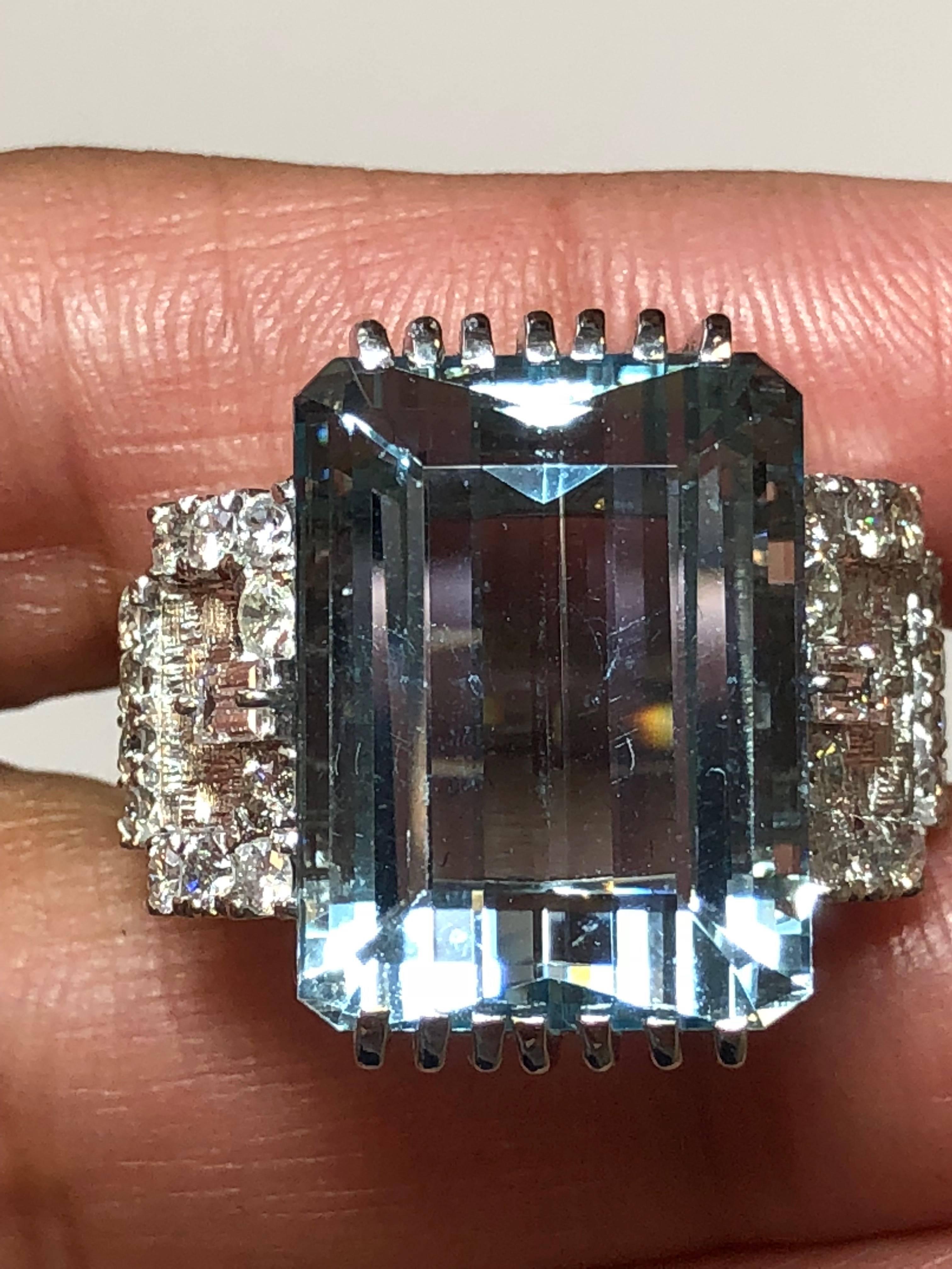 Aquamarine Emerald Cut and Diamond Cocktail Ring in Platinum In New Condition In Los Angeles, CA