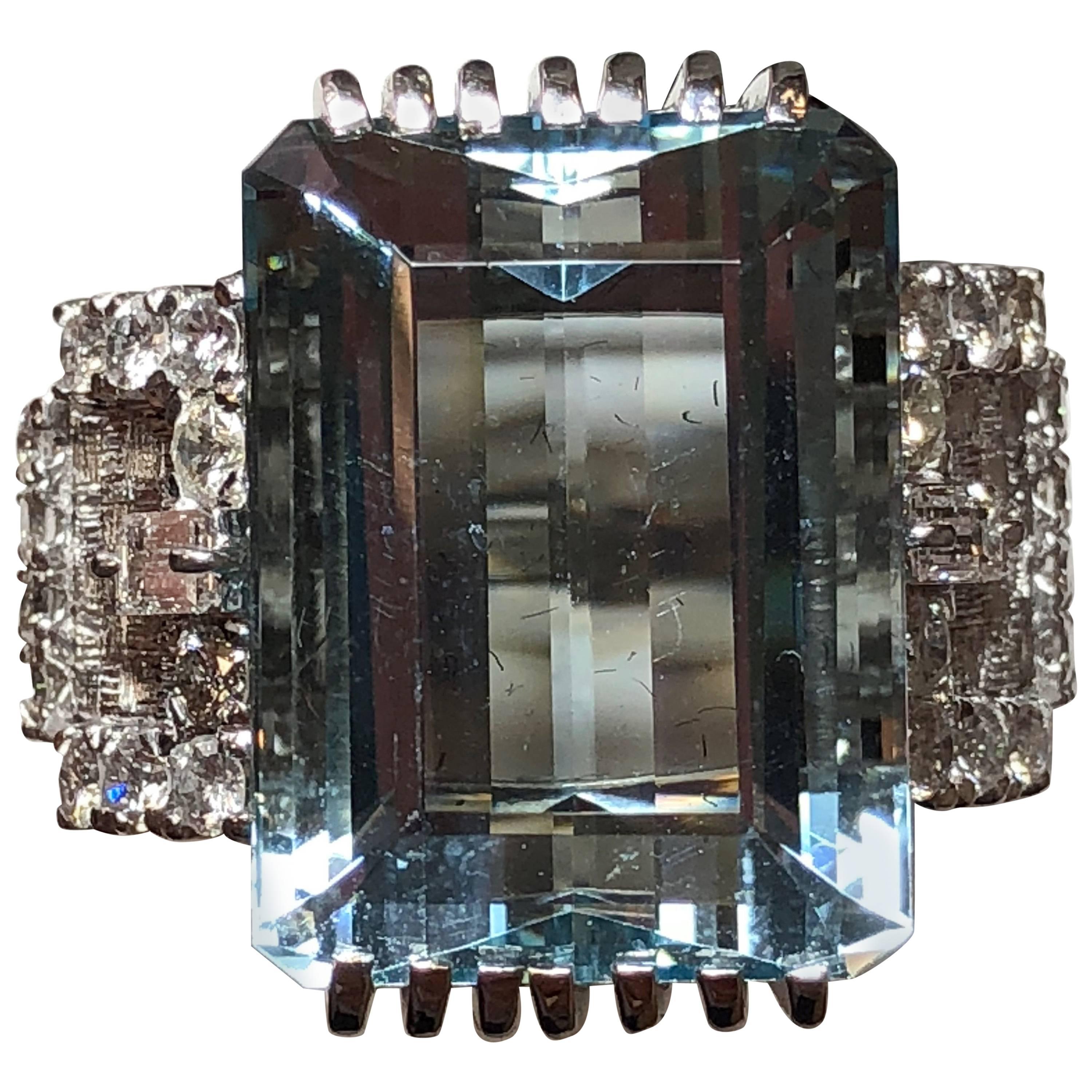 Aquamarine Emerald Cut and Diamond Cocktail Ring in Platinum