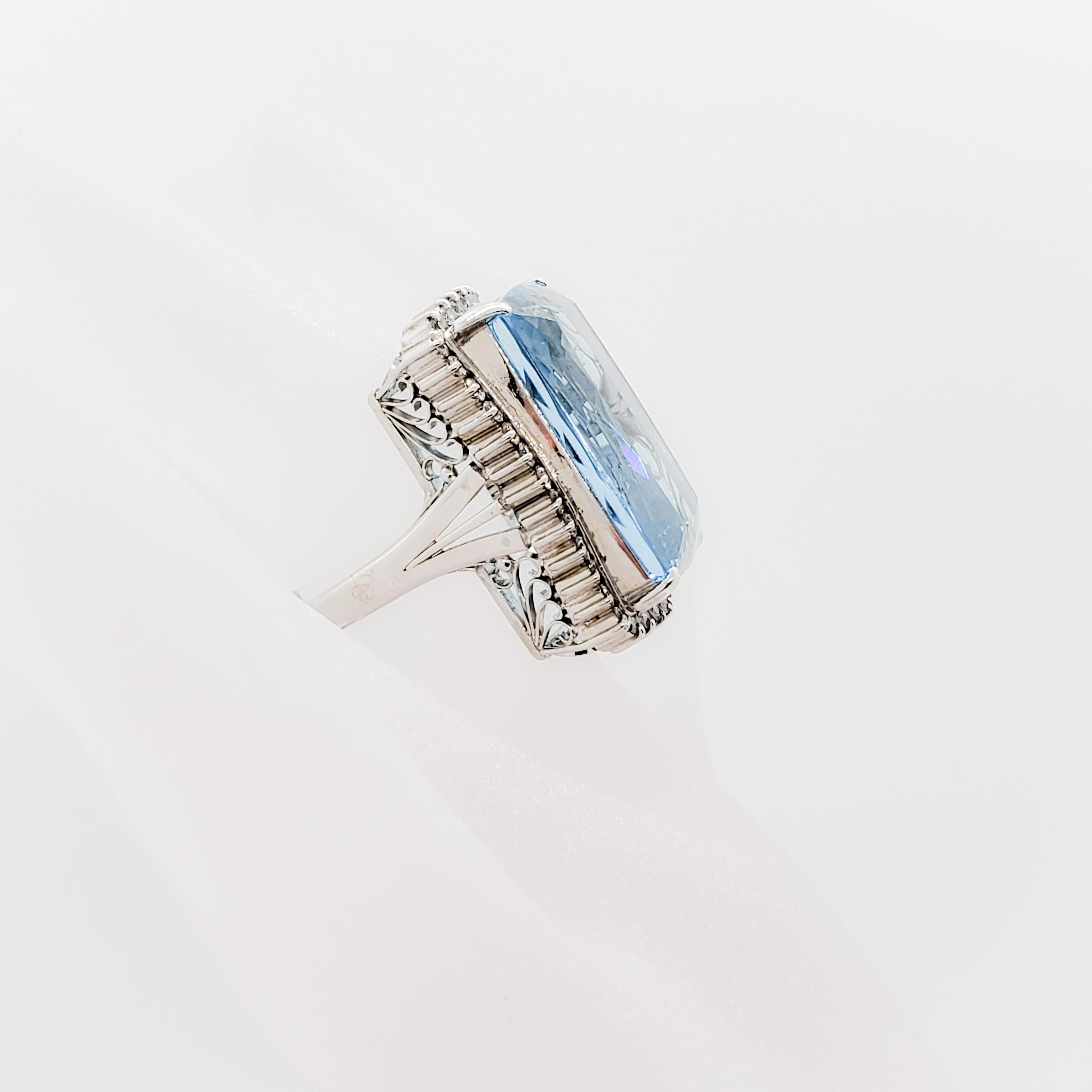 Women's or Men's Aquamarine Emerald Cut and White Diamond Cocktail Ring in Platinum