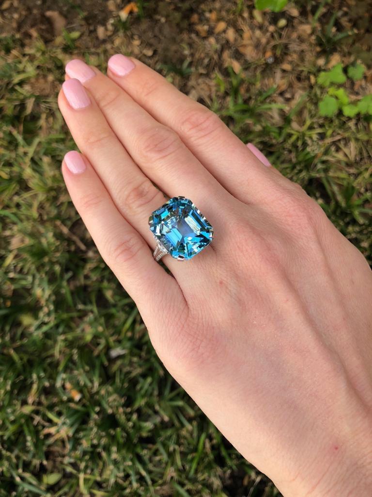Blue Aquamarine Cocktail Ring Emerald Cut Diamond Platinum Ring For