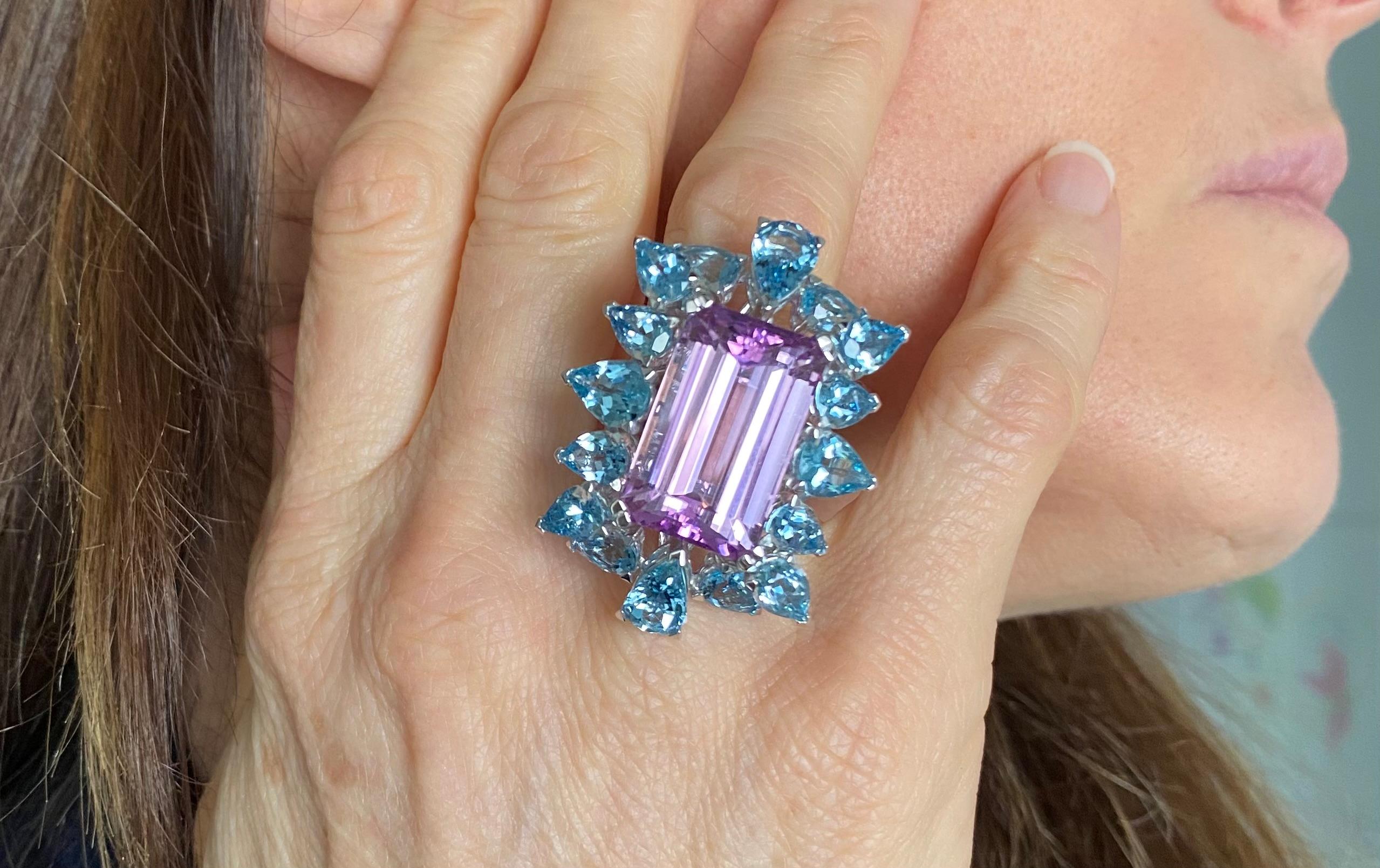 Aquamarine Emerald Cut Kunzite 18Kt White Gold Cocktail Ring For Sale 4