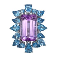 Aquamarine Emerald Cut Kunzite 18Kt White Gold Cocktail Ring