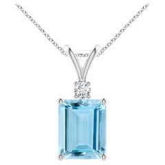 Aquamarine Emerald-Cut Pendant Necklace in Silver with Diamonds