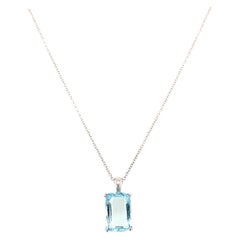 Aquamarine emerald cut solitaire pendant necklace 18k white gold
