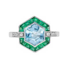 Aquamarine Emerald Diamond Art Deco Style Hexagon 14K White Gold Ring