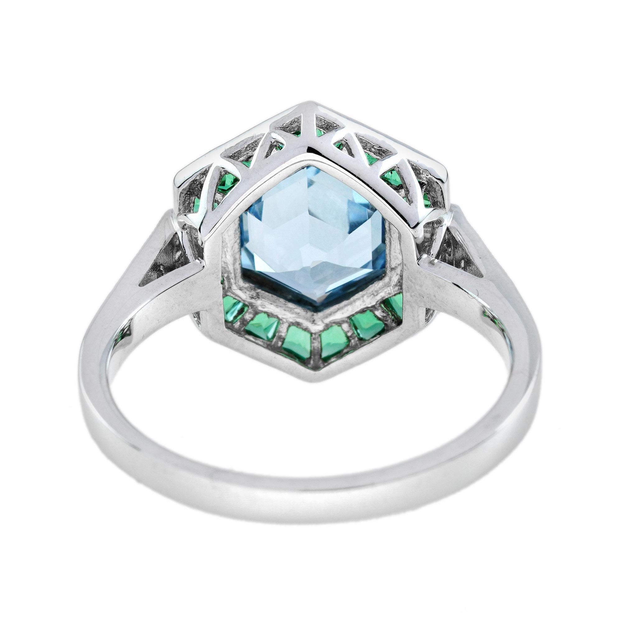Esagono Anello con smeraldo e diamante in stile Art Deco, esagono in oro bianco 14 carati in vendita