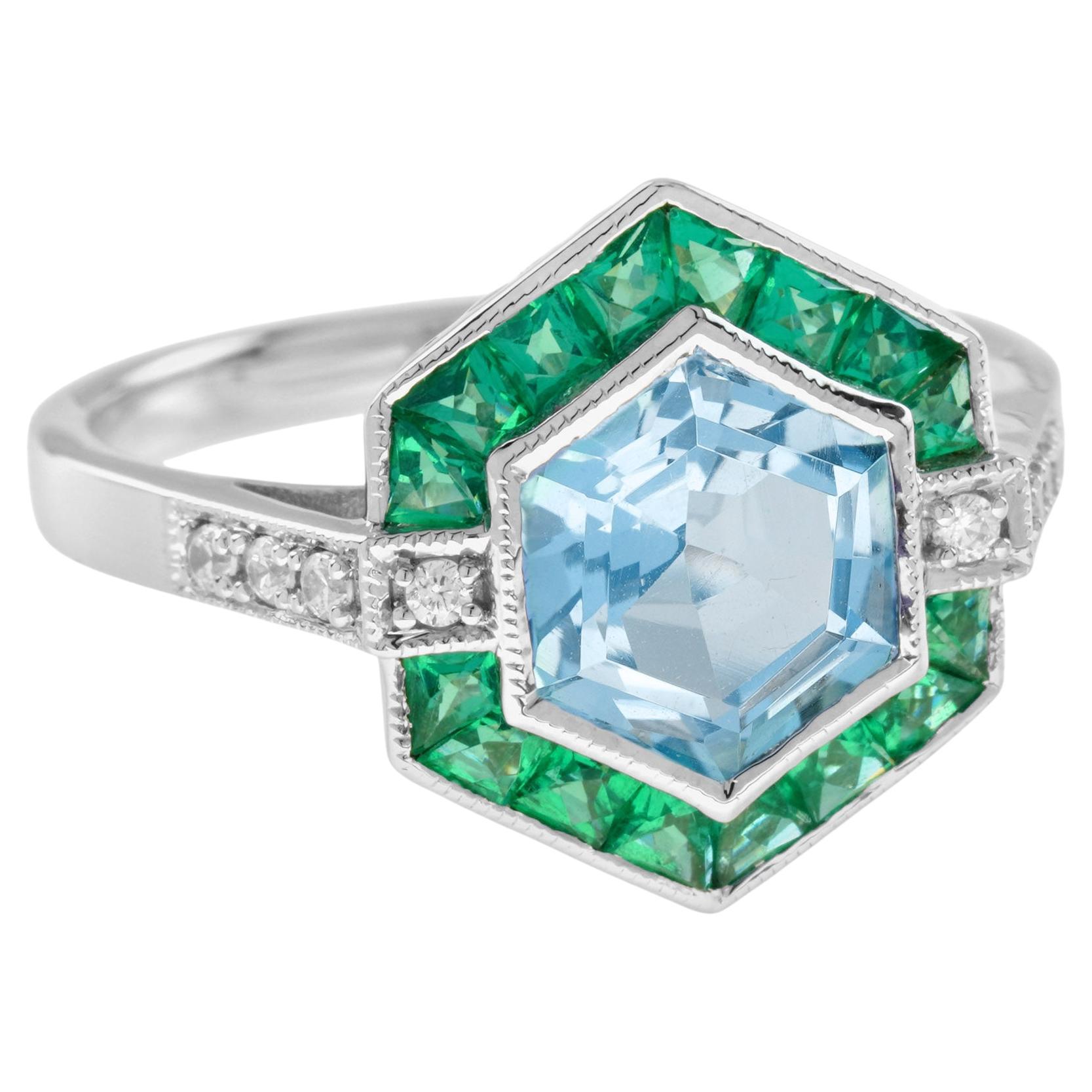 Anello con smeraldo e diamante in stile Art Deco, esagono in oro bianco 14 carati