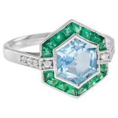 Aquamarine Emerald Diamond Art Deco Style Hexagon 14K White Gold Ring