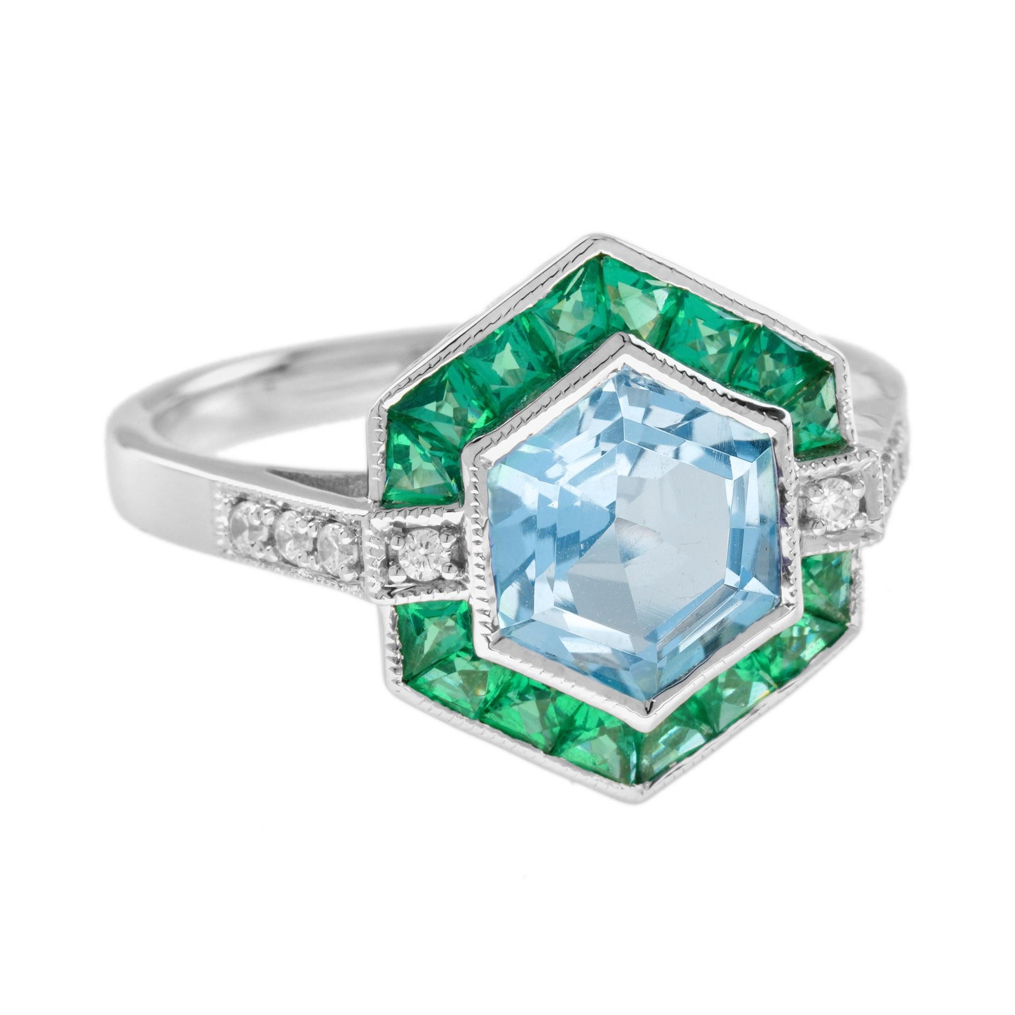 Im Angebot: Sechseckiger Aquamarin-Smaragd-Diamant-Ring im Art-déco-Stil aus 18 Karat Weißgold () 3