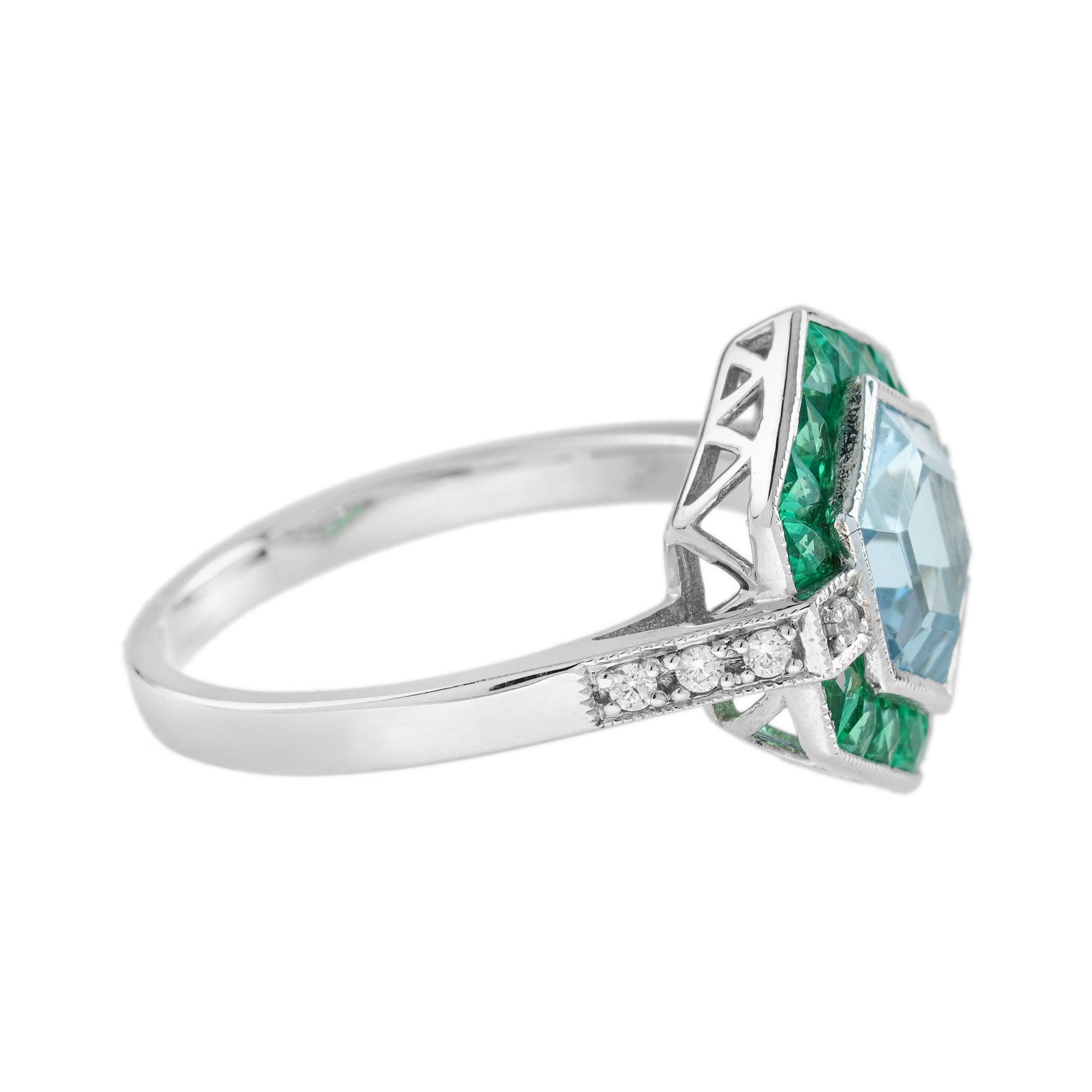 Im Angebot: Sechseckiger Aquamarin-Smaragd-Diamant-Ring im Art-déco-Stil aus 18 Karat Weißgold () 4