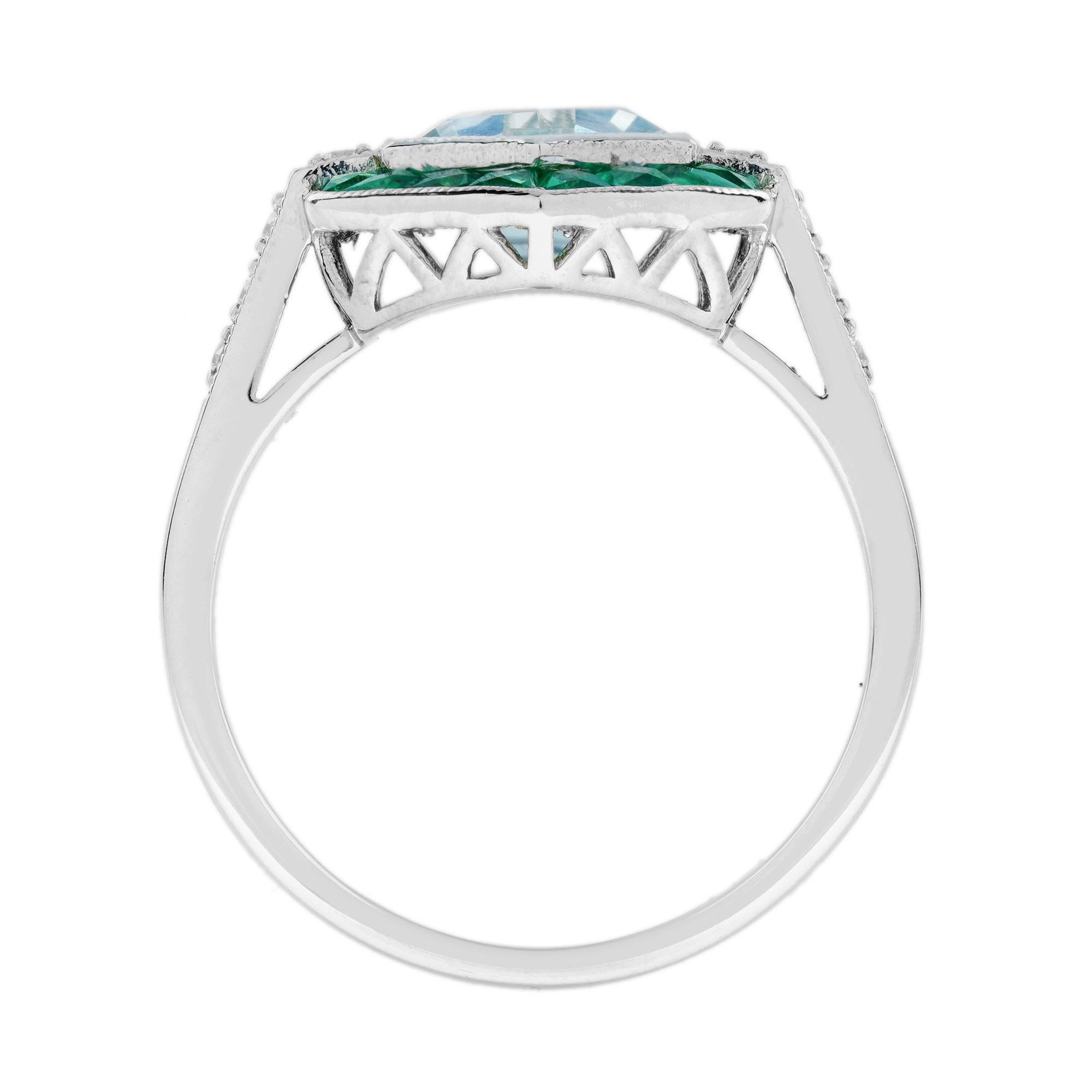 For Sale:  Aquamarine Emerald Diamond Art Deco Style Hexagon Ring in 18K White Gold 6