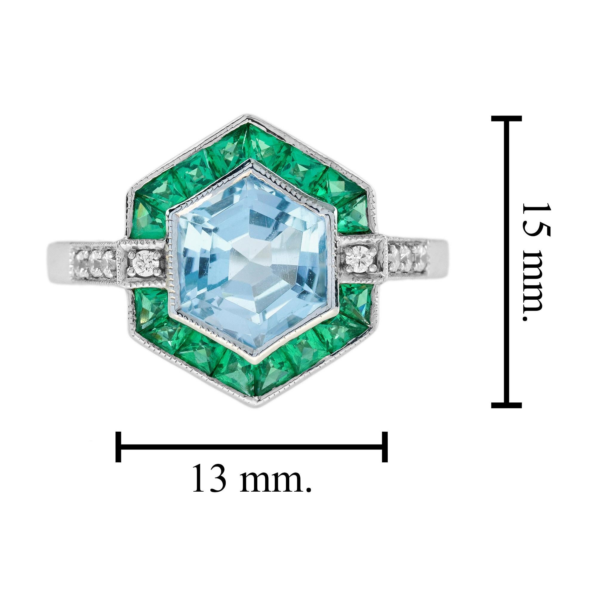 For Sale:  Aquamarine Emerald Diamond Art Deco Style Hexagon Ring in 18K White Gold 7