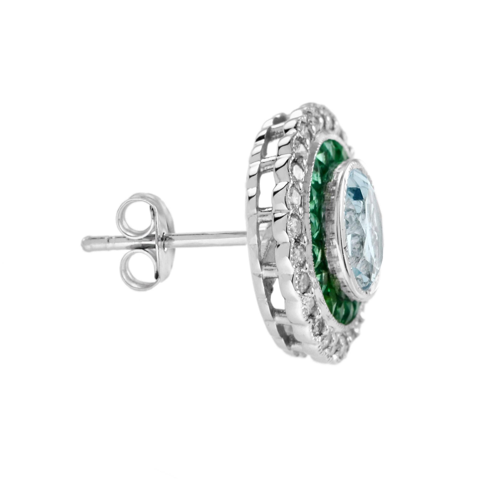 Round Cut Aquamarine Emerald Diamond Art Deco Style Stud Earrings in 18K White Gold For Sale