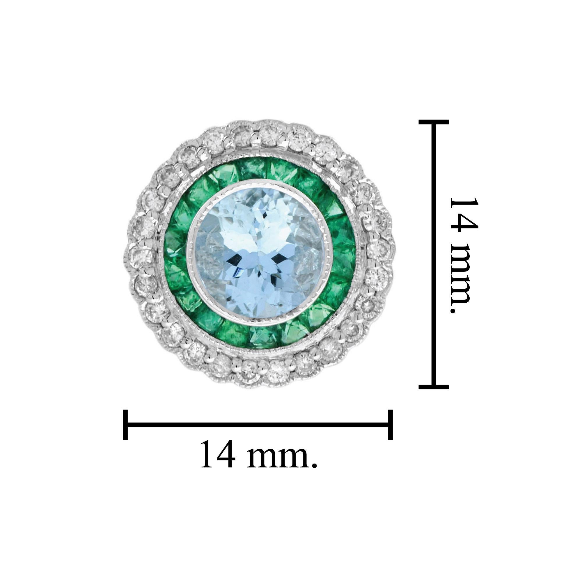 Women's Aquamarine Emerald Diamond Art Deco Style Stud Earrings in 18K White Gold For Sale