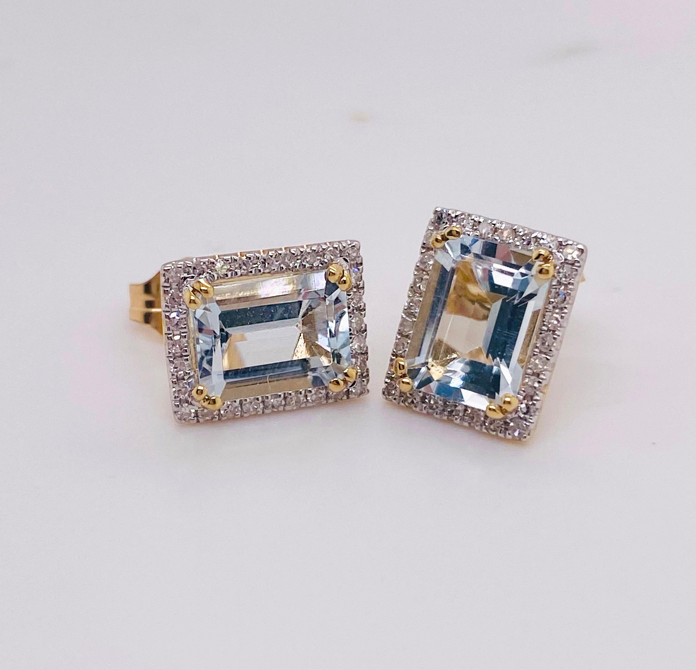 The aqua and diamond earrings are a post style and a beautiful emerald cut aquamarine
The details for these gorgeous earrings are listed below:
Metal Quality: 14 kt Yellow Gold 
Earring Type: Stud 
Diamond Number: 56
Diamond Total Weight: