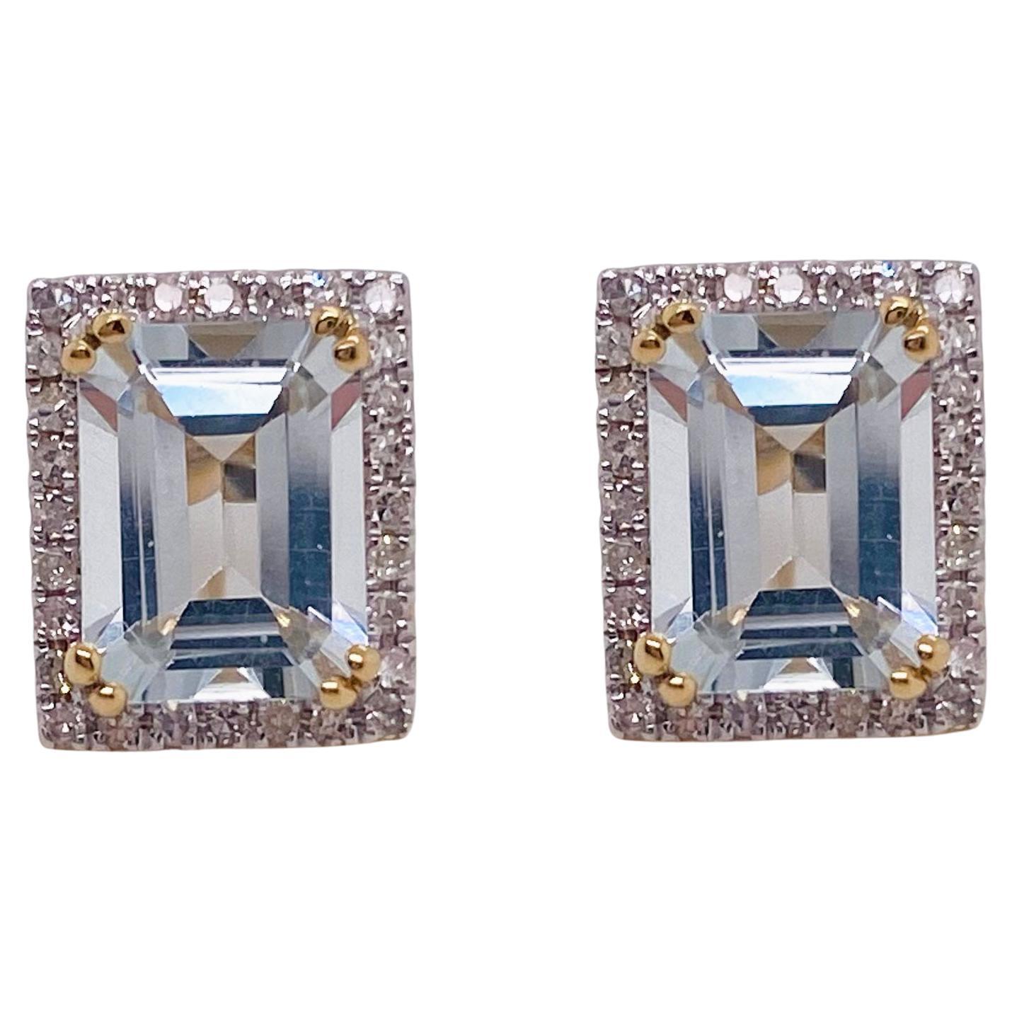 Boucles d'oreilles en aigue-marine, émeraude, halo de diamants, 56 diamants et 2 clous d'aigue-marine en vente