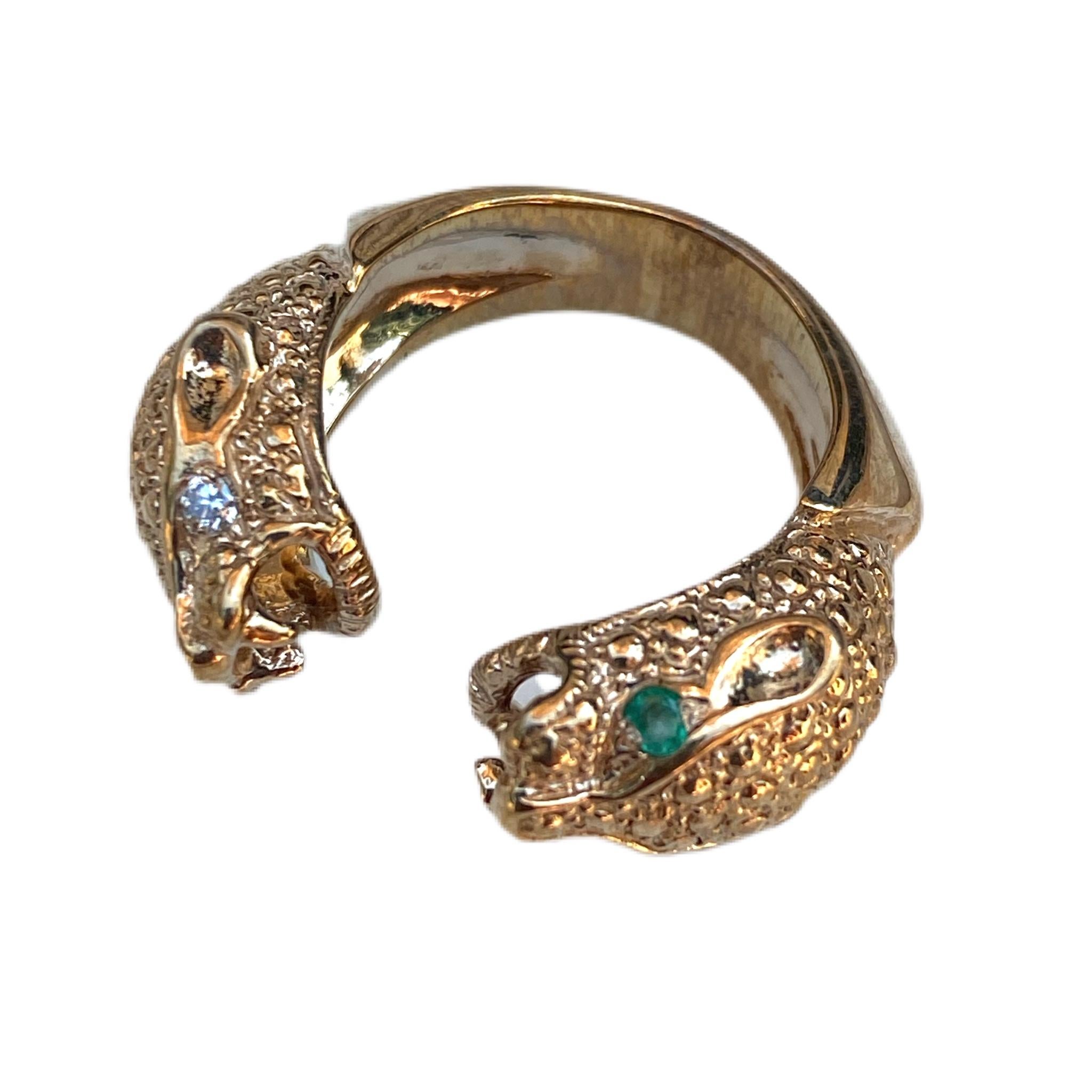 Aguamarina Esmeralda Anillo Pantera Jaguar Animal Abierto Ajustable Bronce Corte brillante en venta