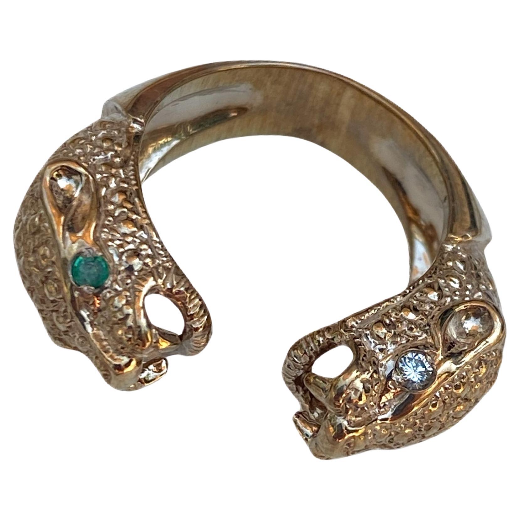 Aguamarina Esmeralda Anillo Pantera Jaguar Animal Abierto Ajustable Bronce en venta