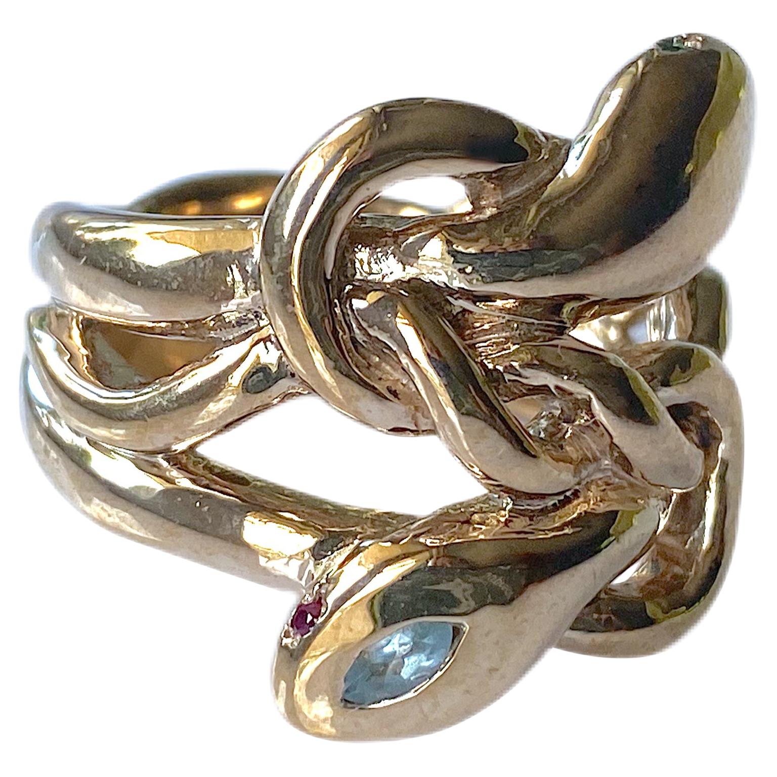 Aquamarine Emerald Ruby Snake Ring Cocktail Ring Bronze J Dauphin For Sale