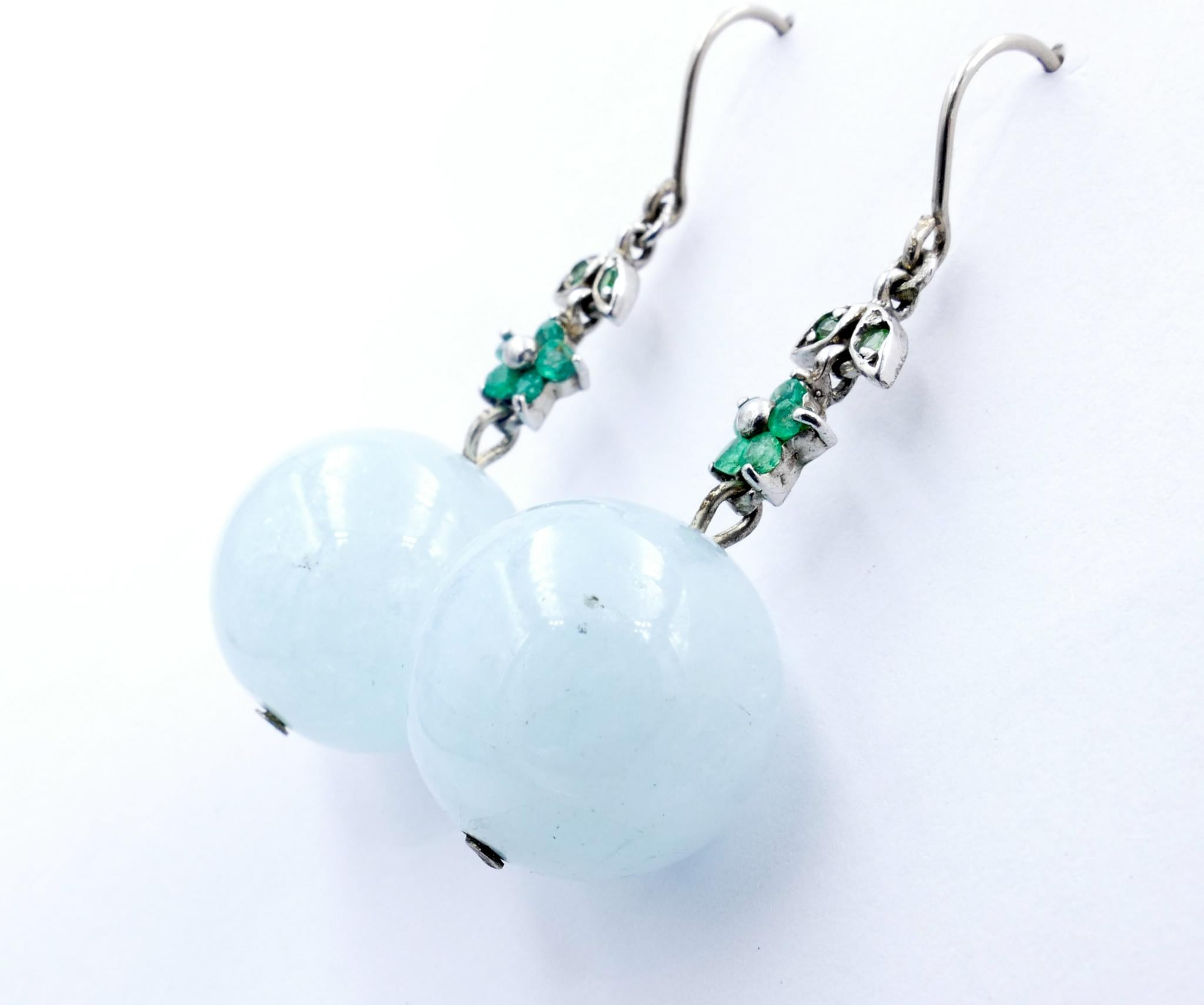 Modern Aquamarine, Emerald & Tsavorite Garnet Drop Ball Earrings For Sale