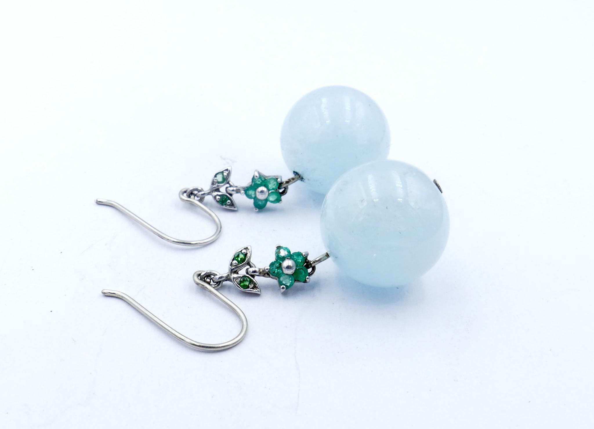 Mixed Cut Aquamarine, Emerald & Tsavorite Garnet Drop Ball Earrings For Sale