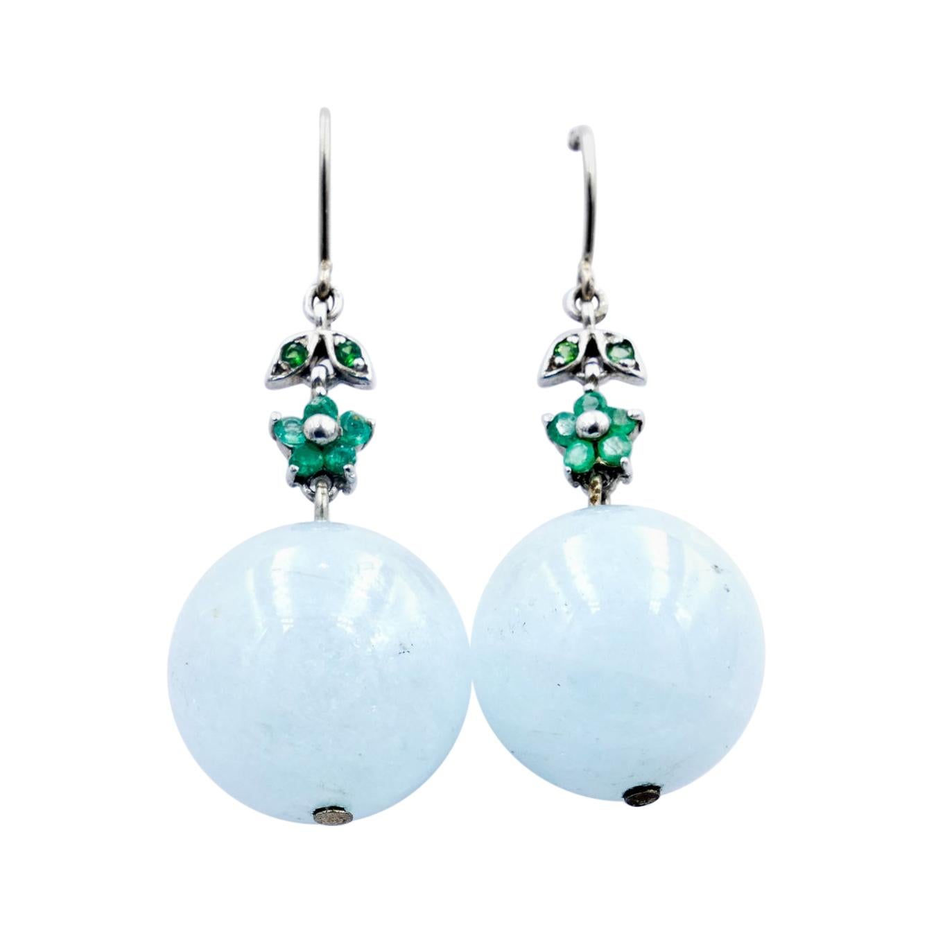 Aquamarine, Emerald & Tsavorite Garnet Drop Ball Earrings For Sale