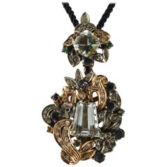 Aquamarine, Emeralds, Rubies, Sapphires, Diamonds, Rose Gold&Silver Retro Pendant Aquamarine, Emeralds, Rubies, Sapphires, Diamonds, Rose Gold&Silver Vintage Pendant