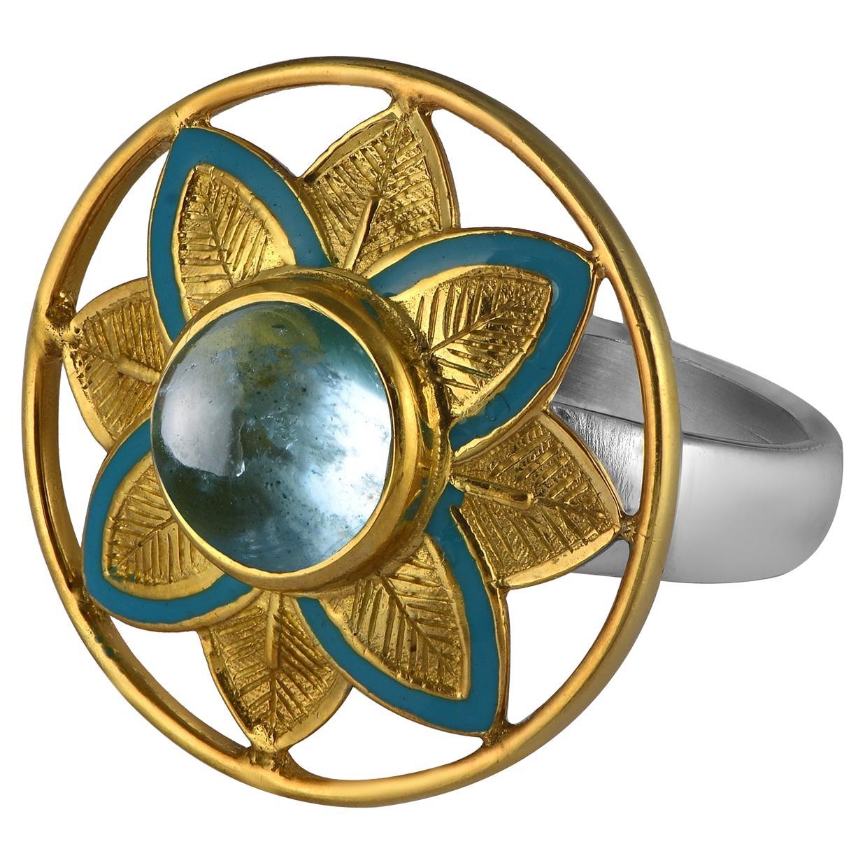 Bague en plaqué or avec émail aigue-marine