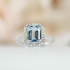 Aquamarine Engagement Ring, Diamond Halo, White Gold, Emerald Cut Aquamarine
