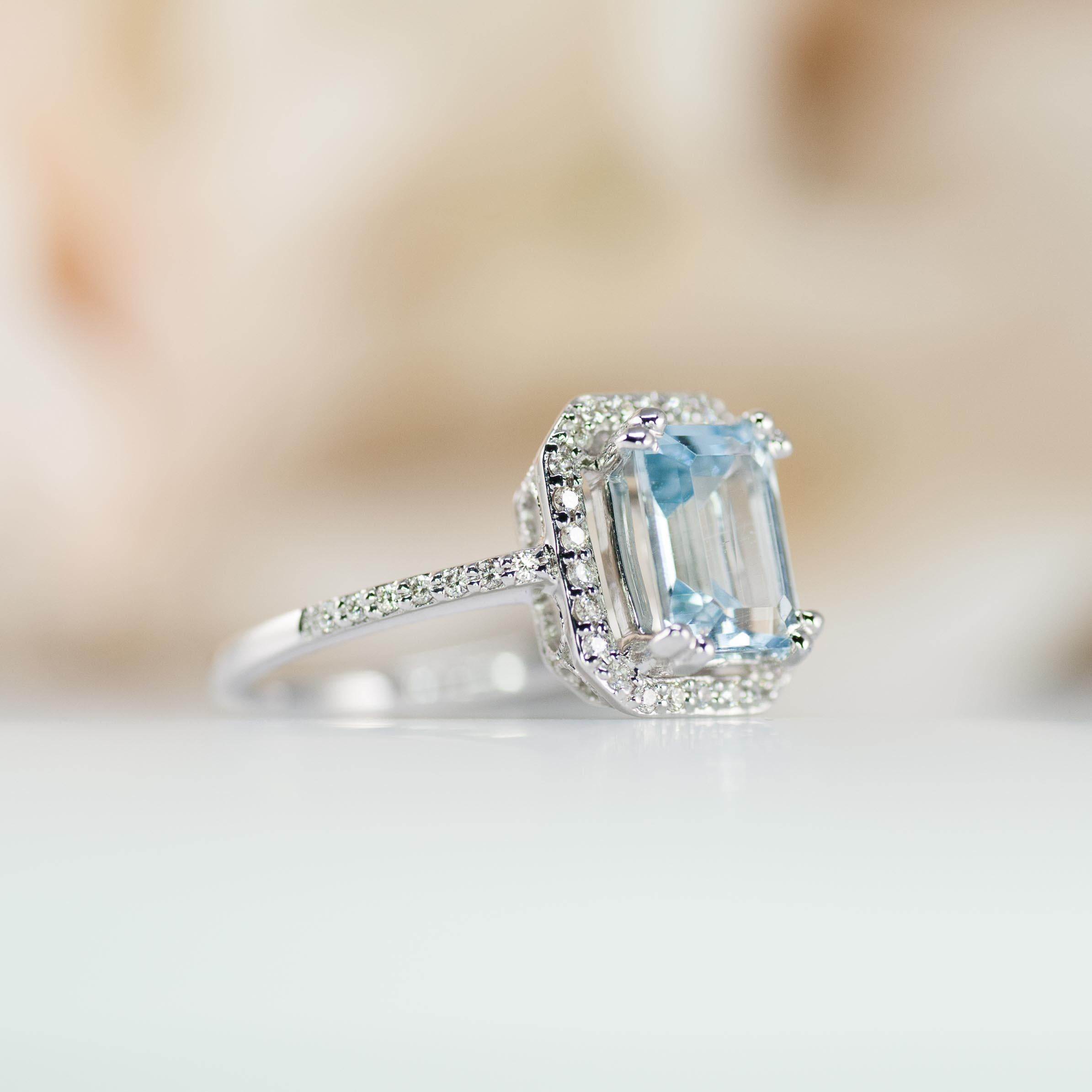 Artist Aquamarine Engagement Ring, Diamond Halo, White Gold, Emerald Cut Aquamarine For Sale