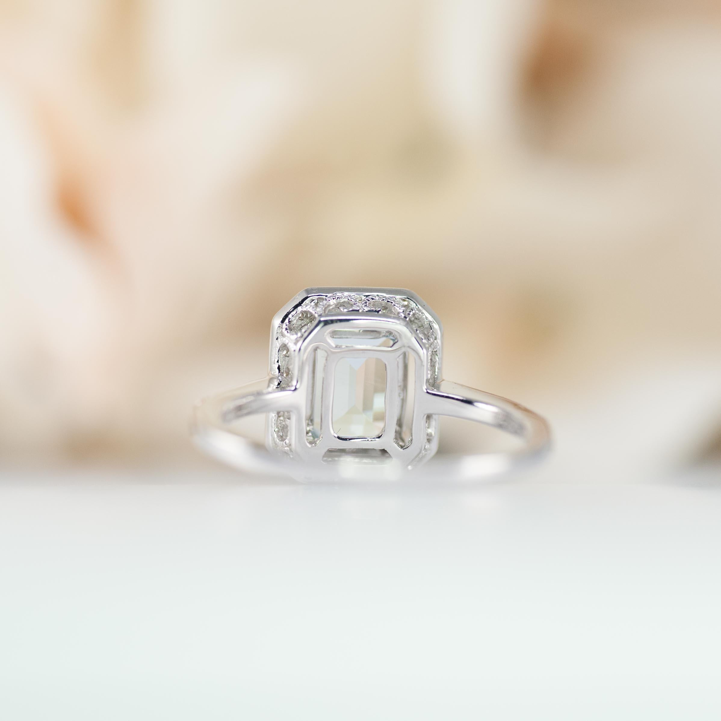 Aquamarine Engagement Ring, Diamond Halo, White Gold, Emerald Cut Aquamarine In New Condition For Sale In Mission Viejo, CA