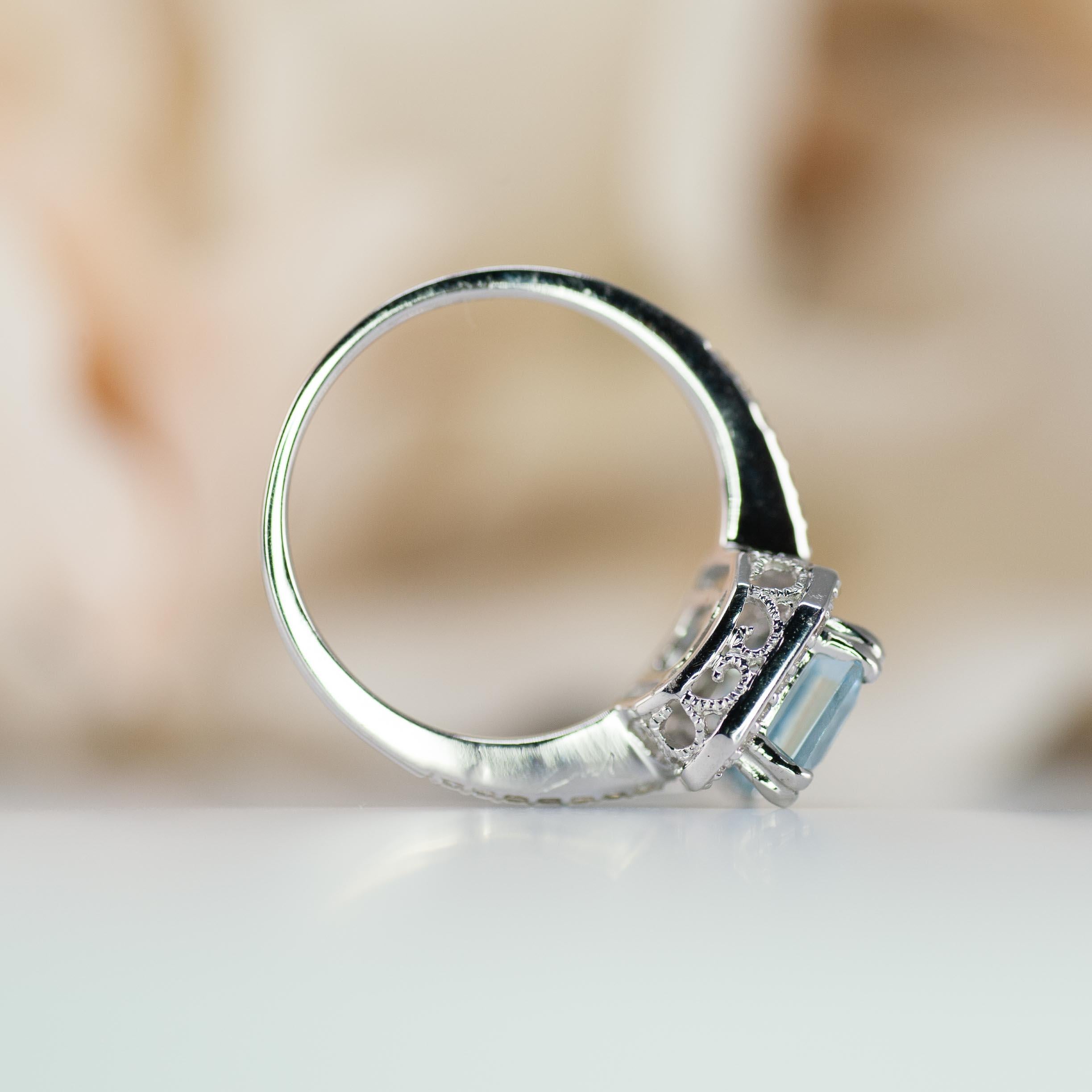 Women's Aquamarine Engagement Ring, Diamond Halo, White Gold, Emerald Cut Aquamarine For Sale