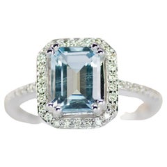 Vintage Aquamarine Engagement Ring, Diamond Halo, White Gold, Emerald Cut Aquamarine
