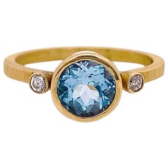 Antique Aquamarine Engagement Ring, Yellow Gold Three-Stone Ring with Aqua Wedding Ring