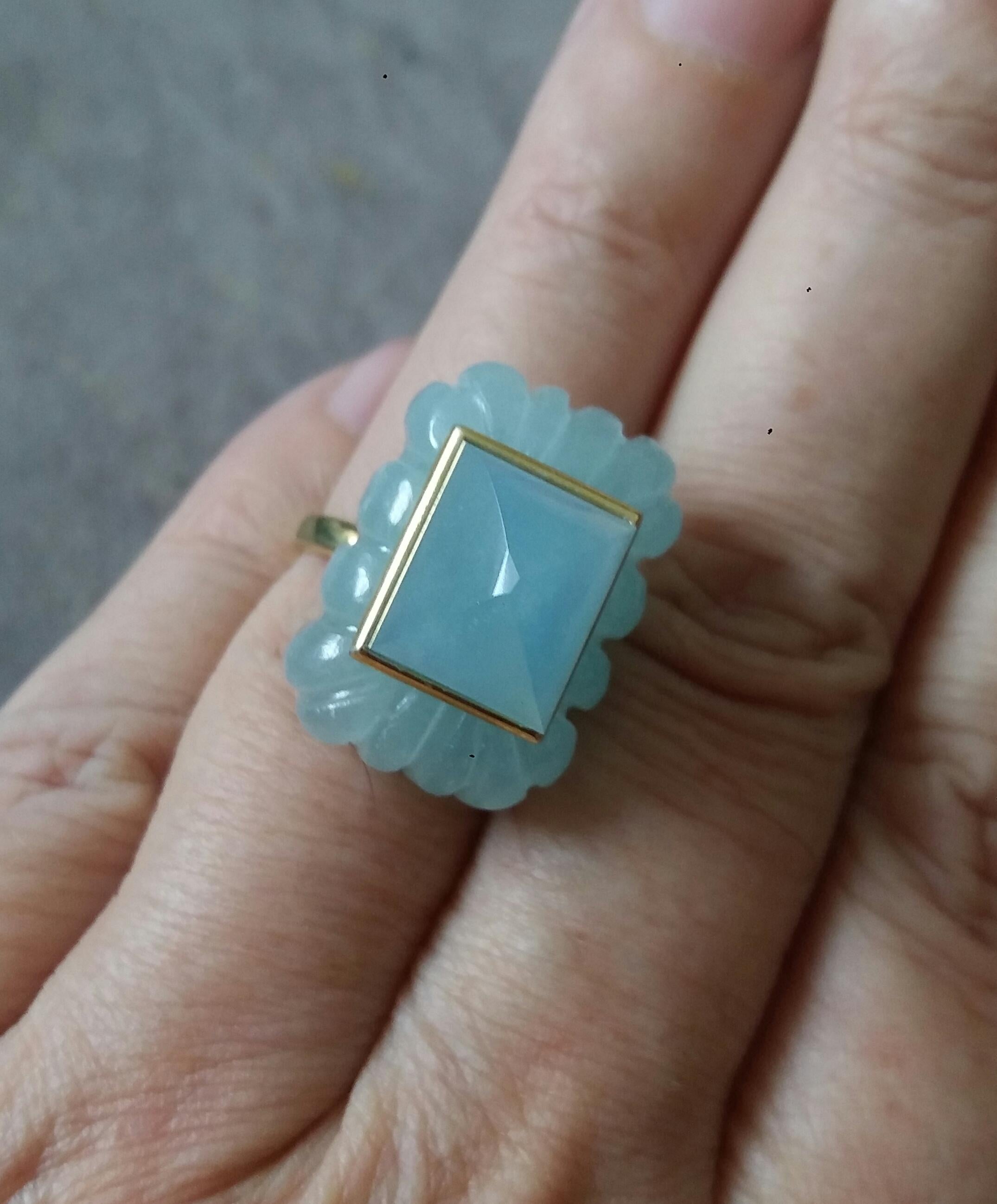 Aquamarine Engraved Rectangular Shape Aquamarine Pyramid 14k Yellow Gold Ring For Sale 4