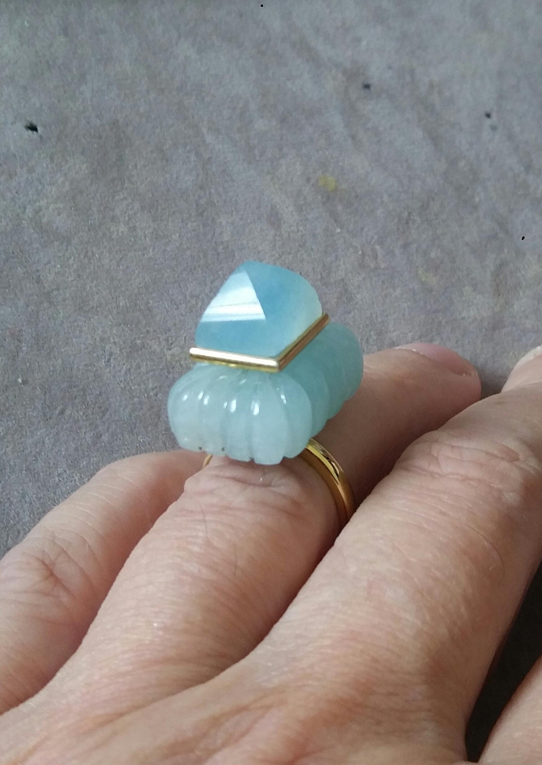Aquamarine Engraved Rectangular Shape Aquamarine Pyramid 14k Yellow Gold Ring For Sale 5