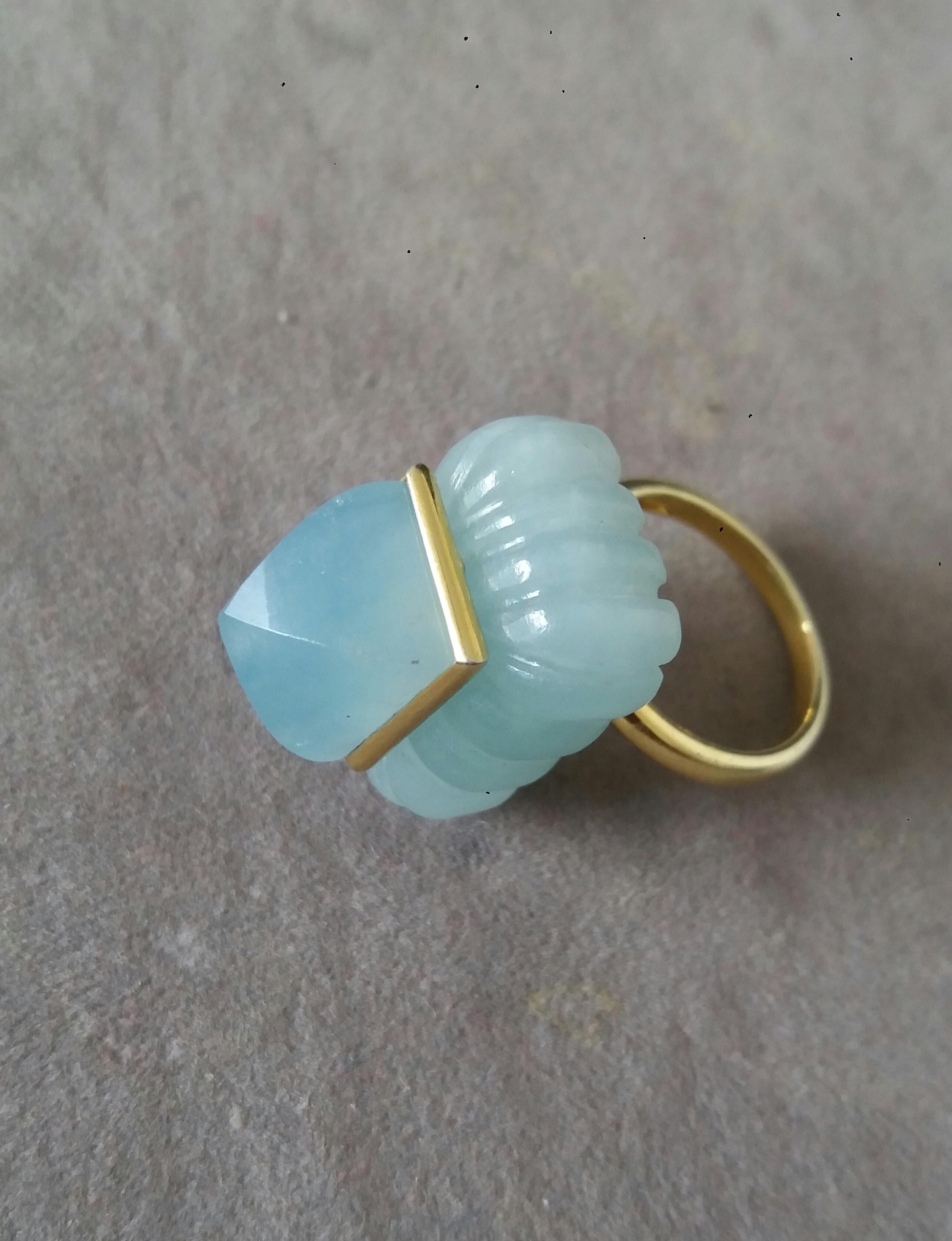 Aquamarine Engraved Rectangular Shape Aquamarine Pyramid 14k Yellow Gold Ring For Sale 7