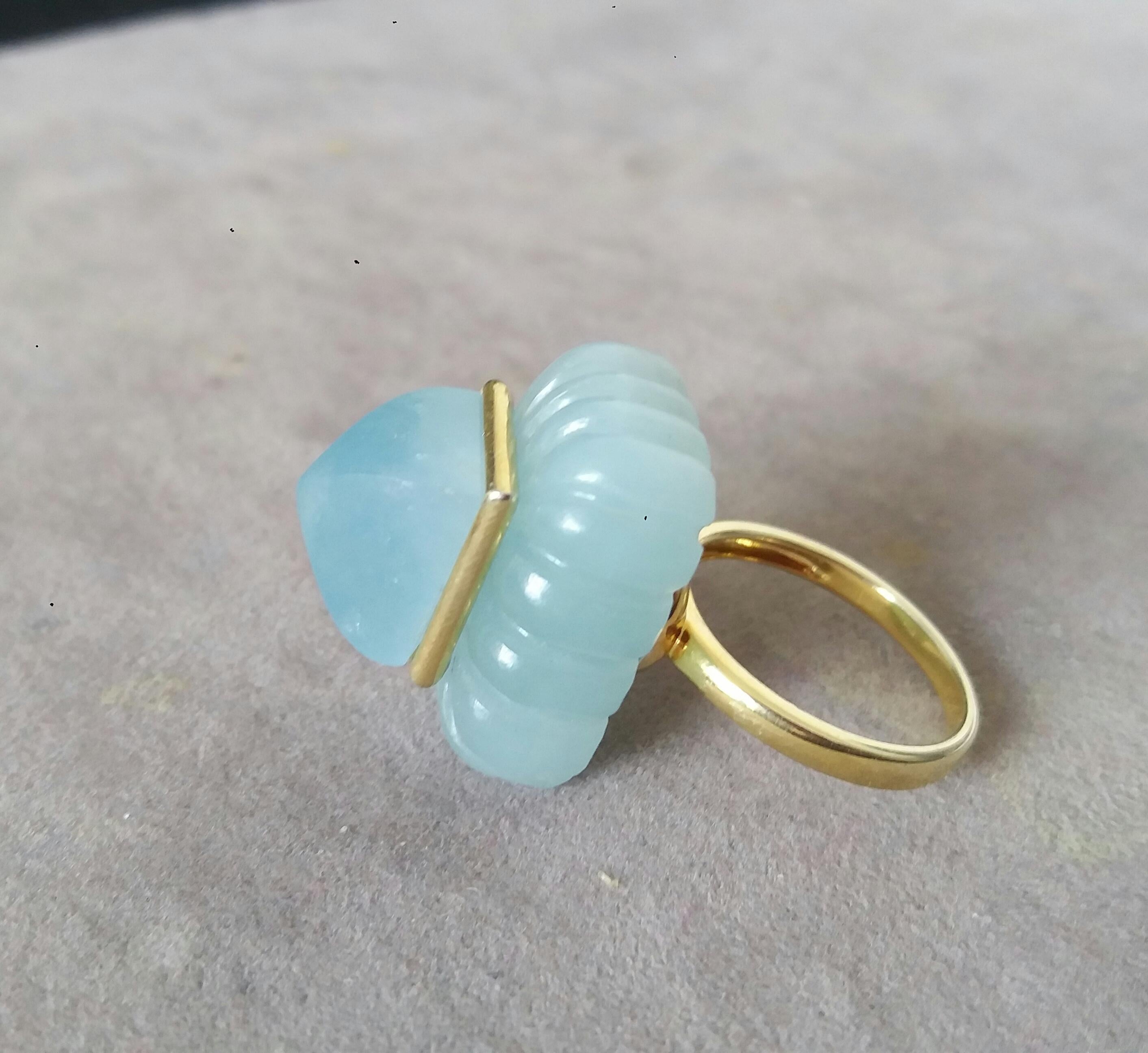 Unique ring with a big Engraved Rectangular Shape Aquamarine ,measuring 24 mm. x 18 mm x 10mm. and weighing 75 Carats with a nice Aquamarine Pyramid measuring 10 mm x 12 mm set in 14 kt yellow gold bezel..Ring shank is also in 14 kt  solid yellow