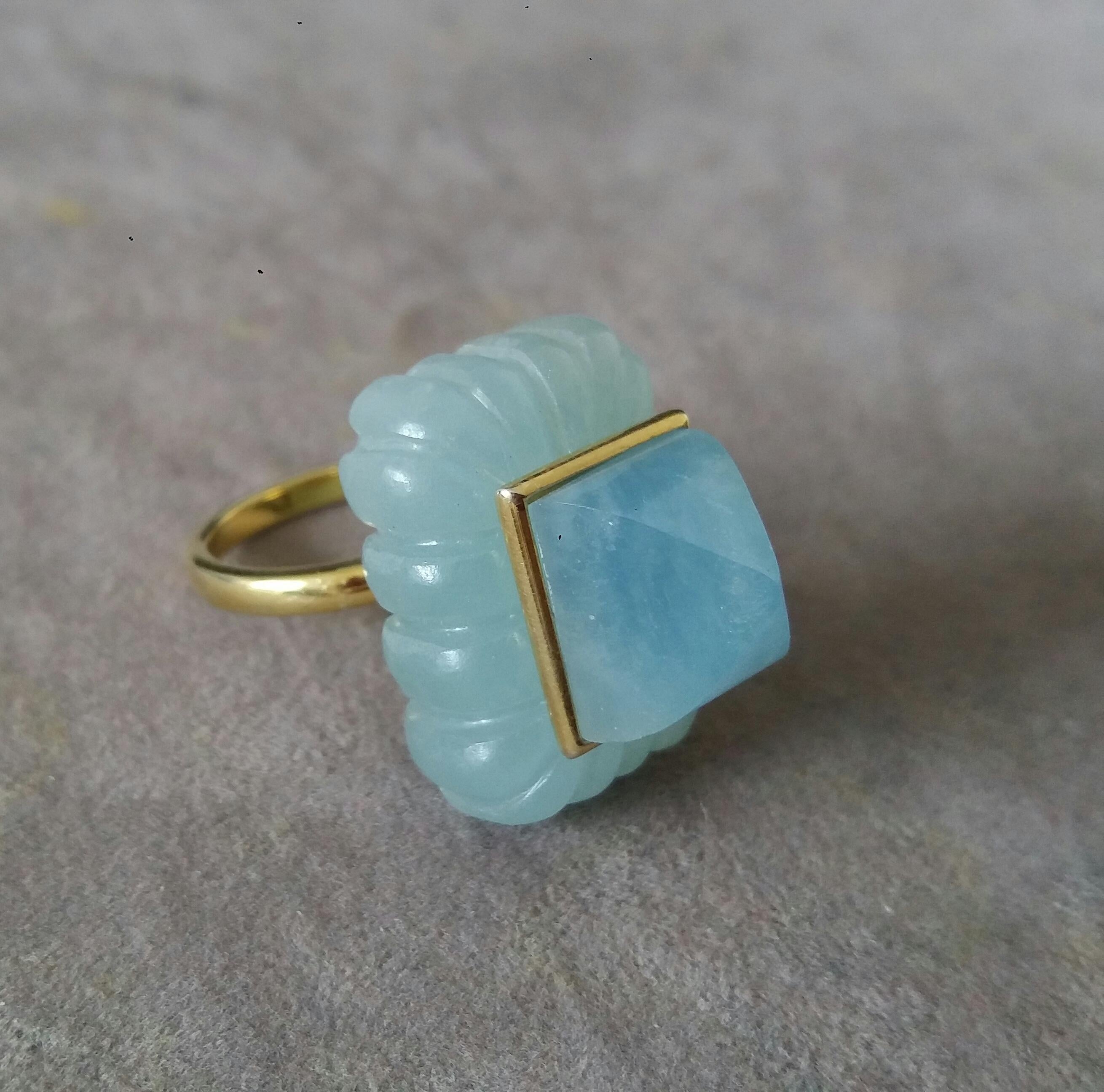 Aquamarine Engraved Rectangular Shape Aquamarine Pyramid 14k Yellow Gold Ring For Sale 2