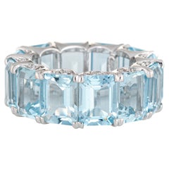 Aquamarine Eternity Ring 18K Estate Diamond Crescents Gemstone Band