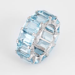 Aquamarine Eternity Ring 18K Estate Diamond Crescents Gemstone Band