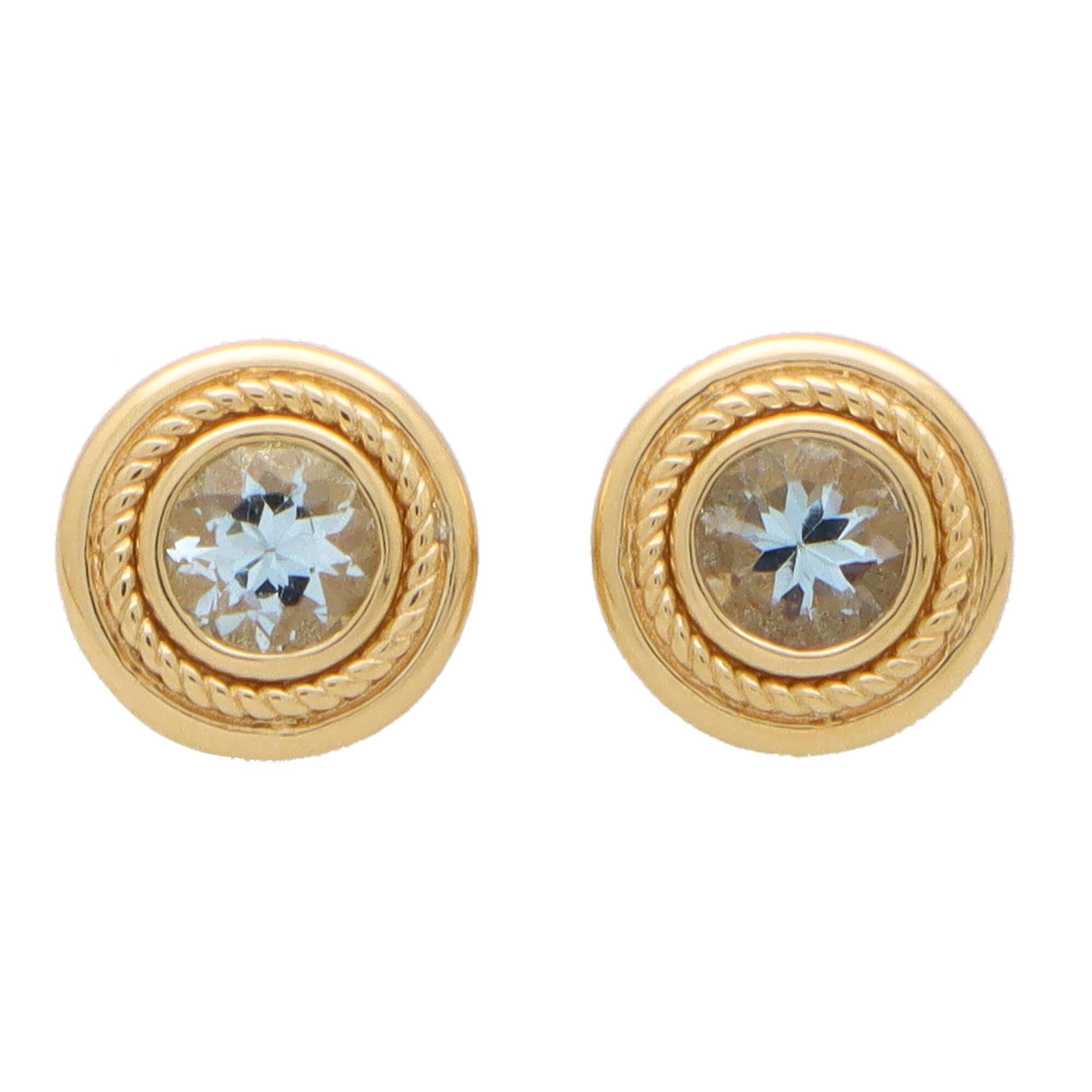 Etruscan Revival Aquamarine Etruscan Inspired Stud Earrings Set in 18k Yellow Gold For Sale