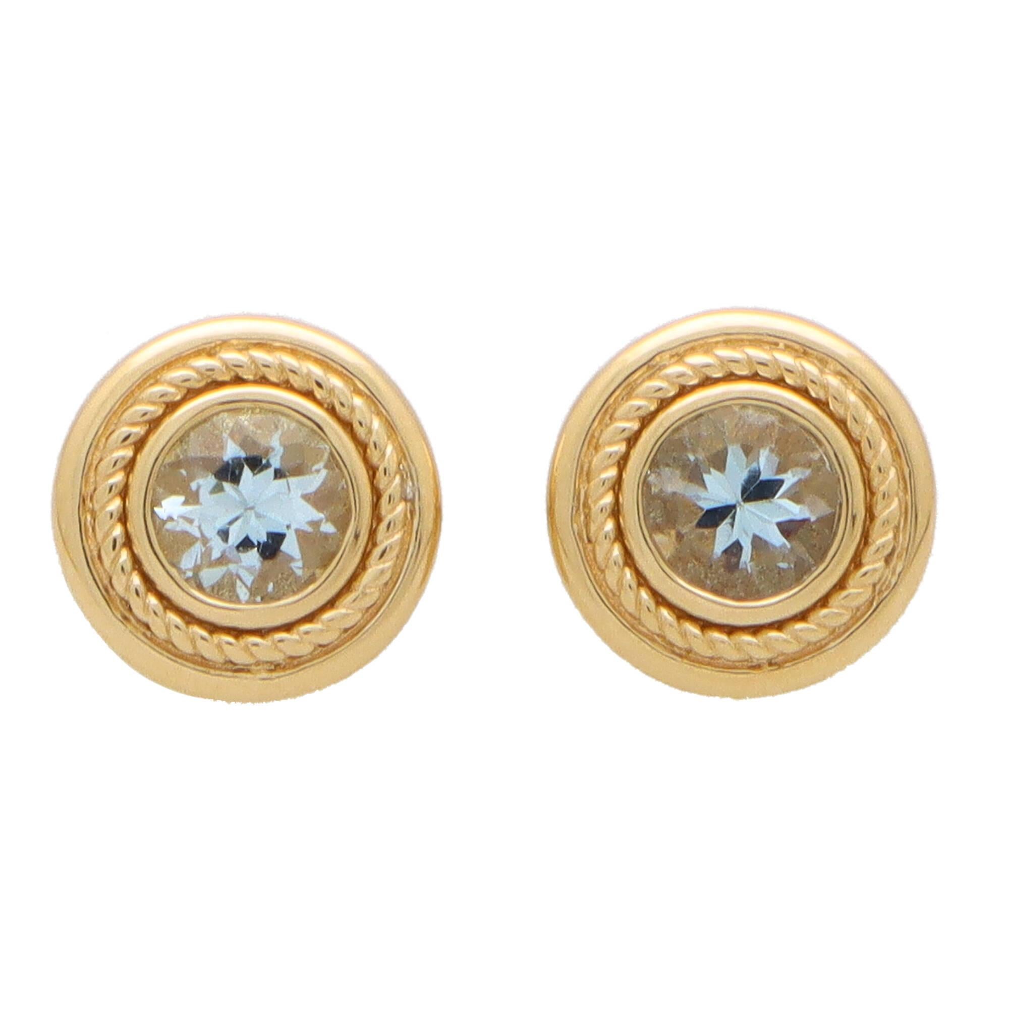 Aquamarine Etruscan Inspired Stud Earrings Set in 18k Yellow Gold